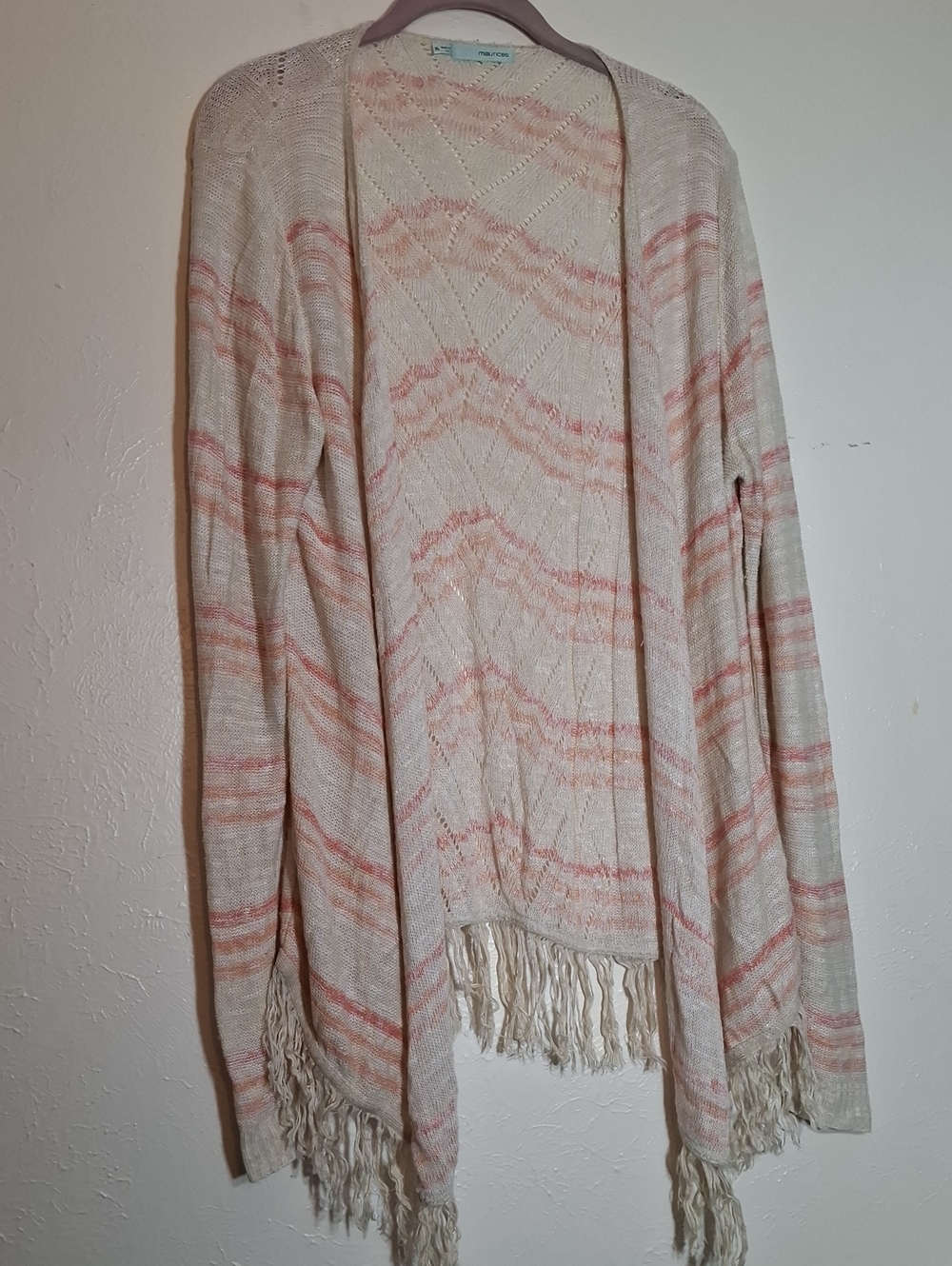 Maurices Cream Cardigan with Pink Stripe Fringe Hem